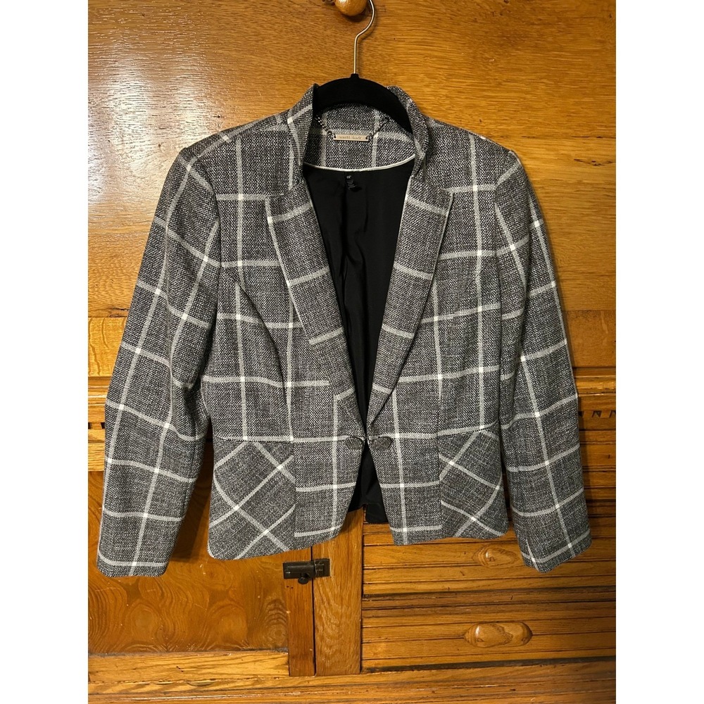 WHBM Quiet Luxury Preppy Gray Windowpane Plaid Blazer Jacket Sophisticated